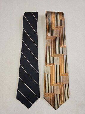 Lot Of 2 Ties Halston Navy Striped & Fabio Fazio Orange Geometric 100% Silk